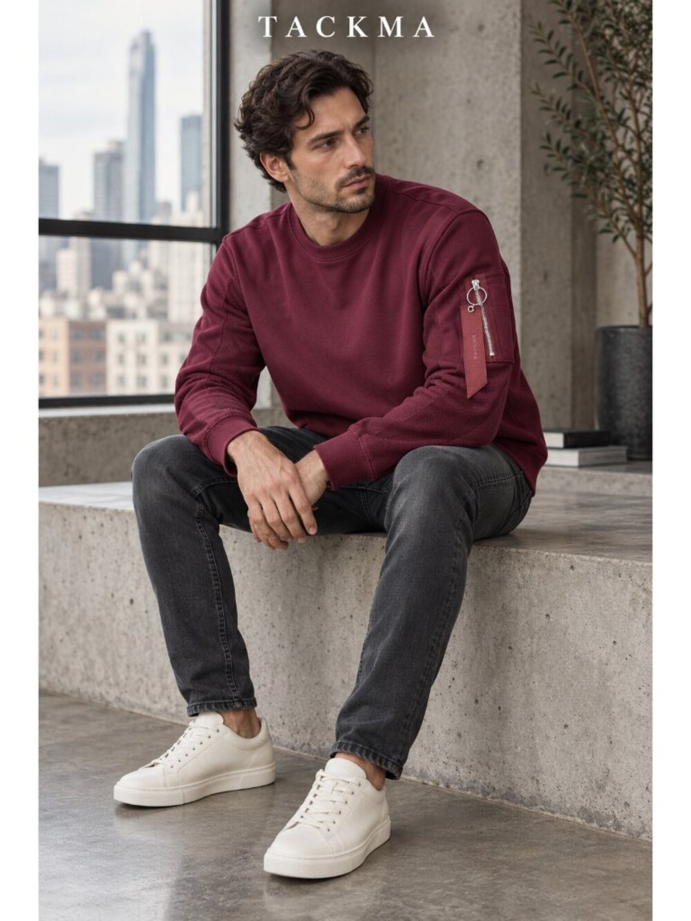 TACKMA Men’s Burgundy Cotton Crewneck Sweatshirt Utility Zip Sleeve NWT XL